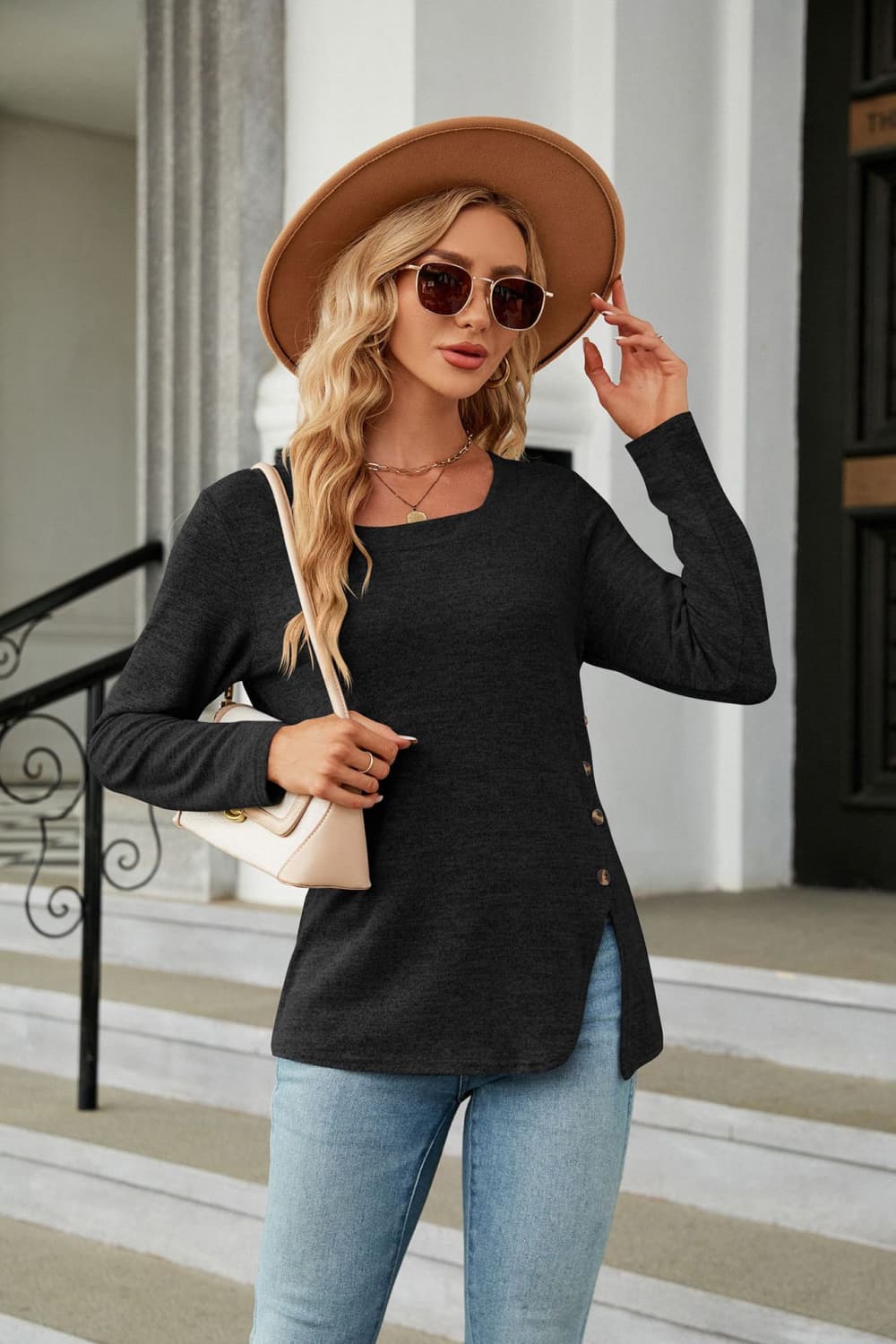 Square Neck Long Sleeve Slit T-Shirt BLUE ZONE PLANET