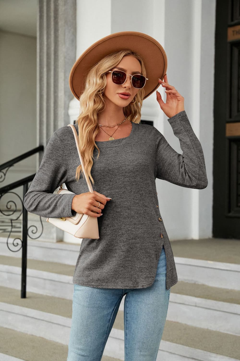 Square Neck Long Sleeve Slit T-Shirt BLUE ZONE PLANET