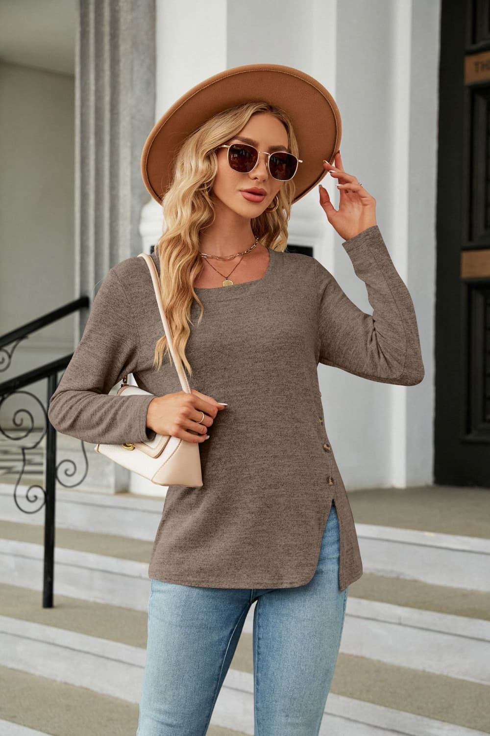 Square Neck Long Sleeve Slit T-Shirt BLUE ZONE PLANET