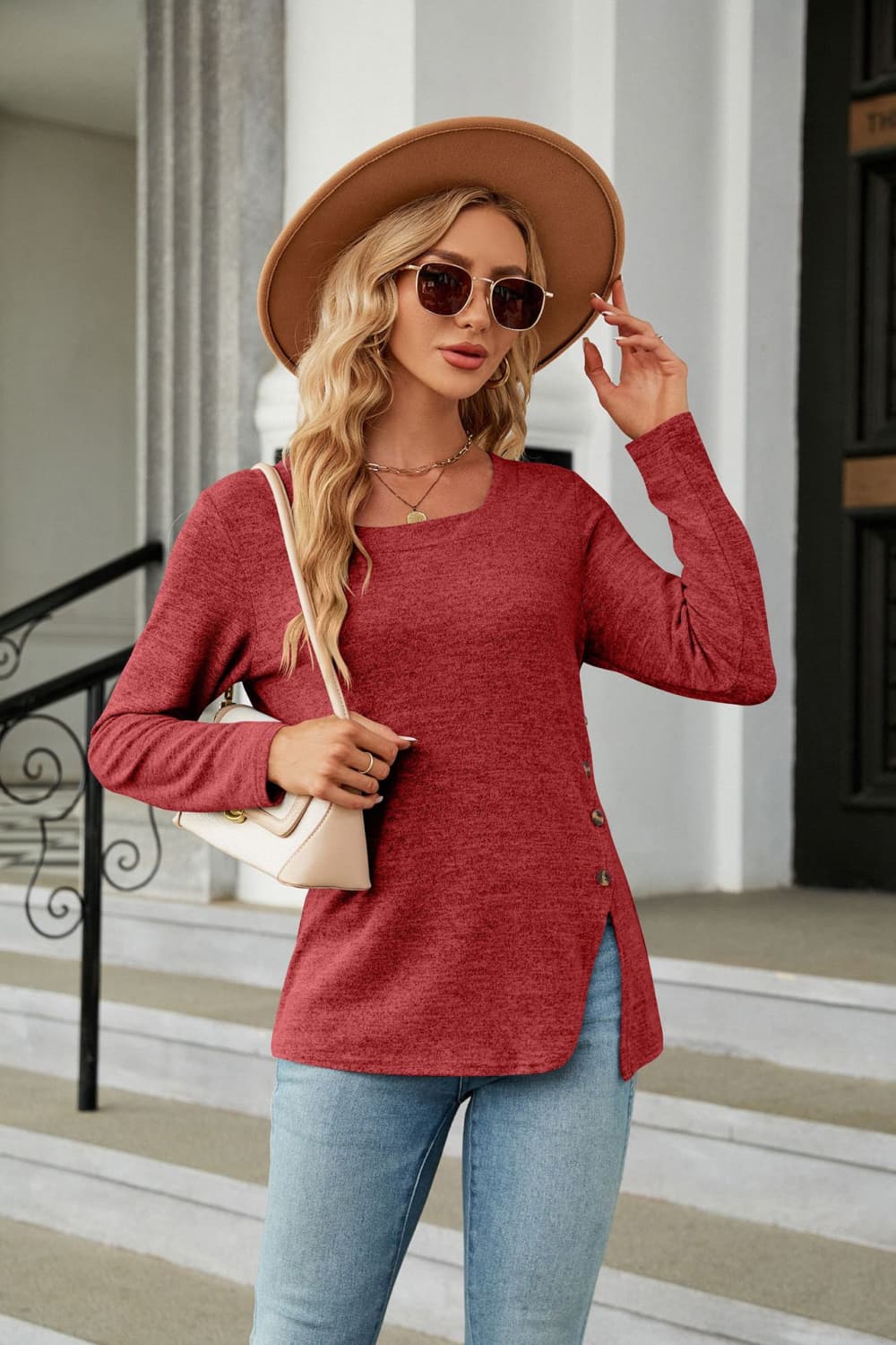 Square Neck Long Sleeve Slit T-Shirt BLUE ZONE PLANET