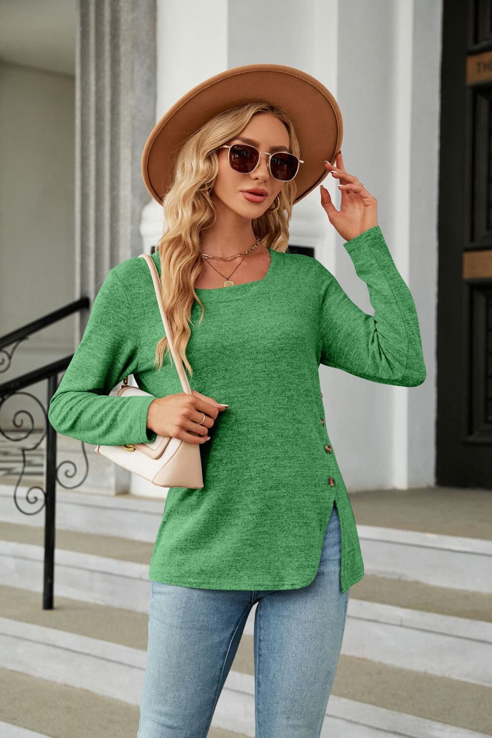Square Neck Long Sleeve Slit T-Shirt BLUE ZONE PLANET