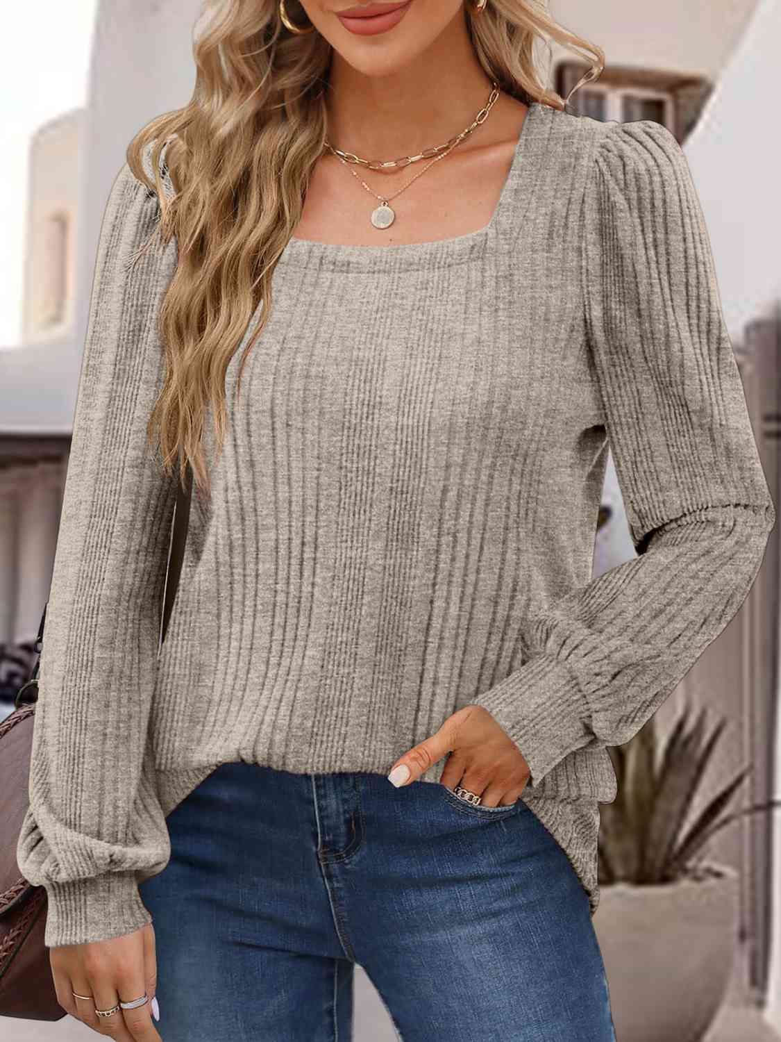Square Neck Long Sleeve Top BLUE ZONE PLANET