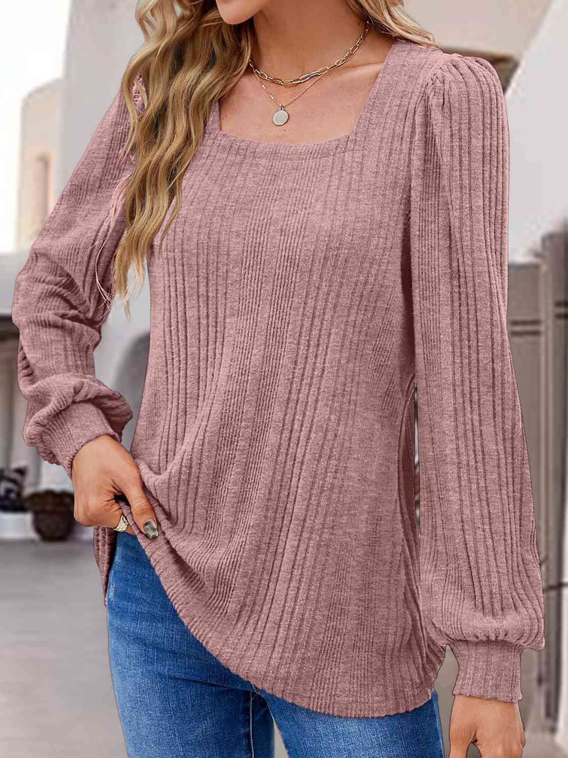 Square Neck Long Sleeve Top BLUE ZONE PLANET