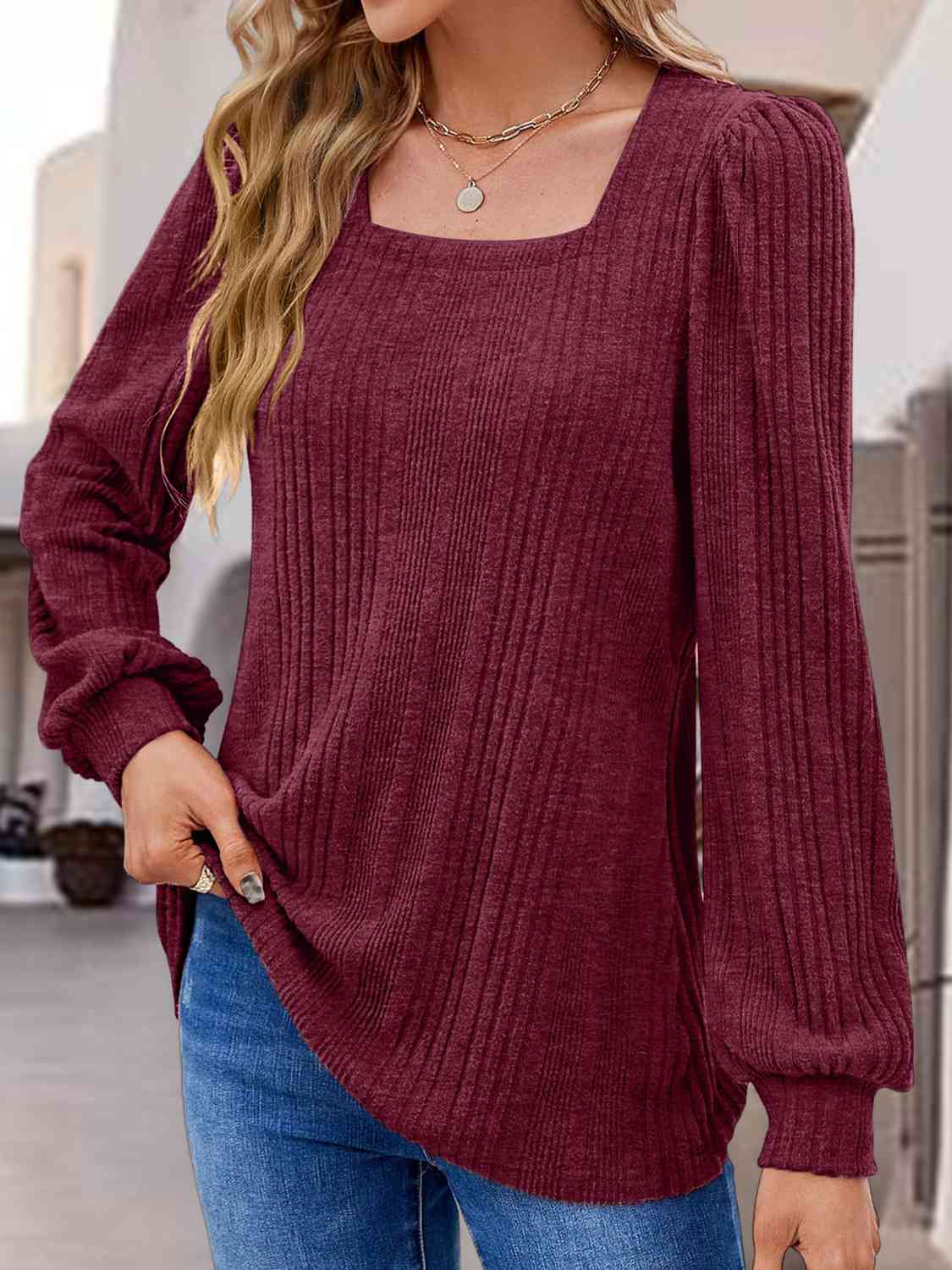Square Neck Long Sleeve Top BLUE ZONE PLANET
