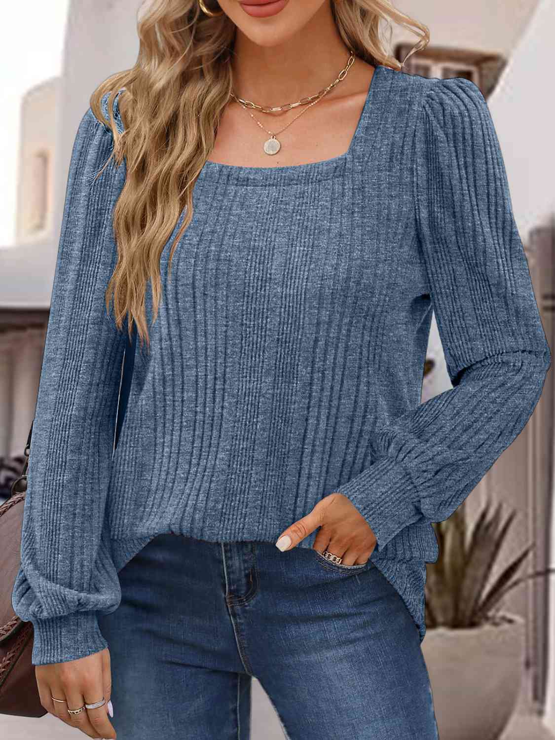 Square Neck Long Sleeve Top BLUE ZONE PLANET