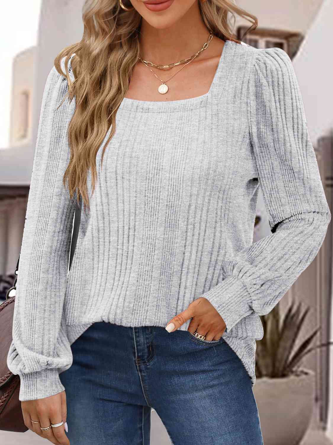 Square Neck Long Sleeve Top BLUE ZONE PLANET
