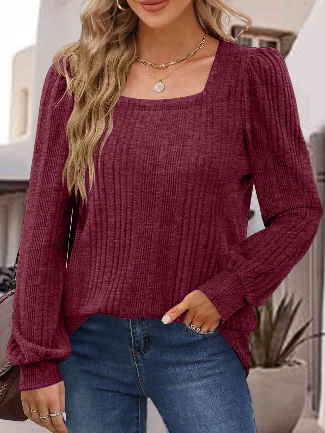 Square Neck Long Sleeve Top BLUE ZONE PLANET