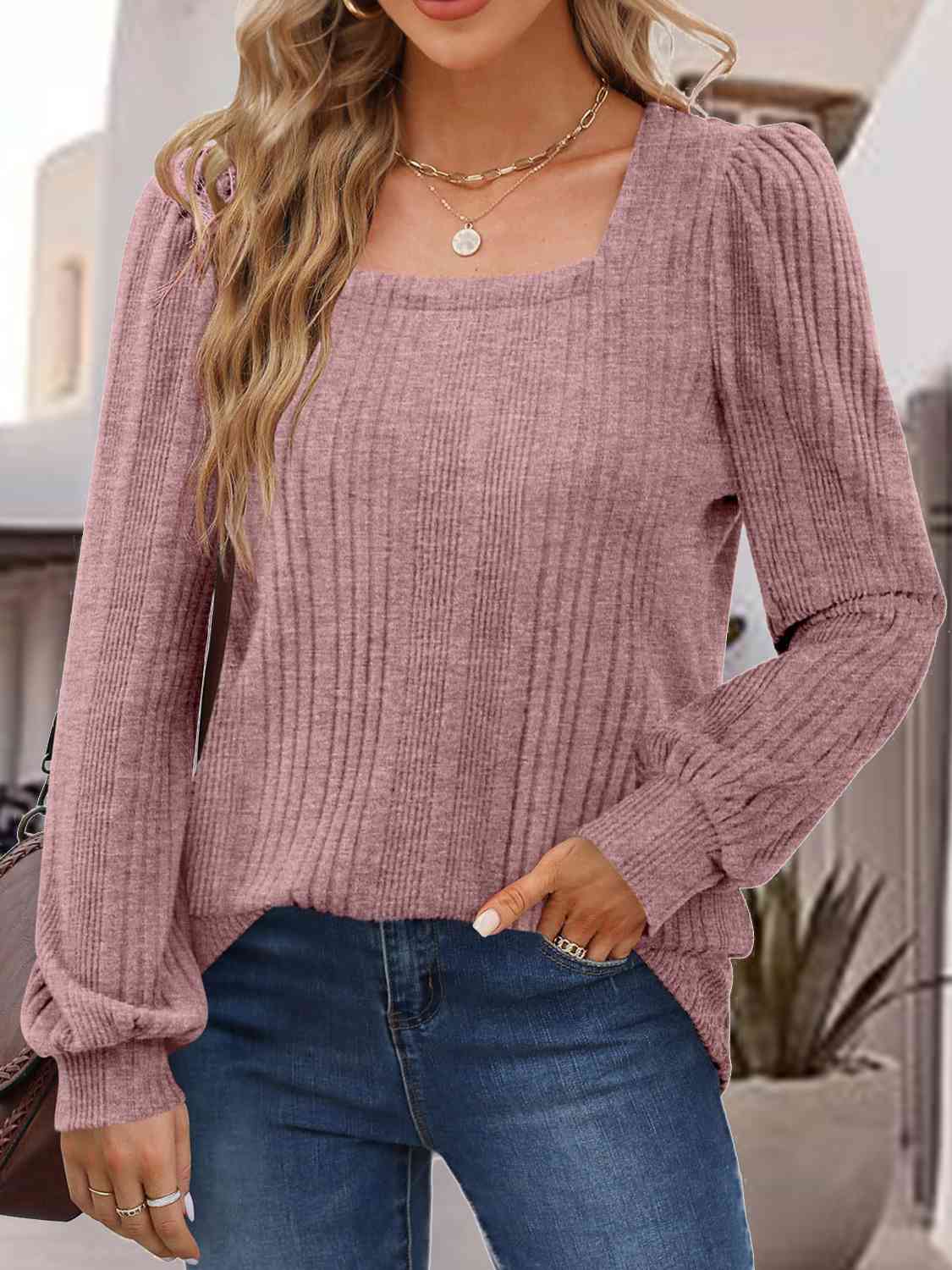 Square Neck Long Sleeve Top BLUE ZONE PLANET