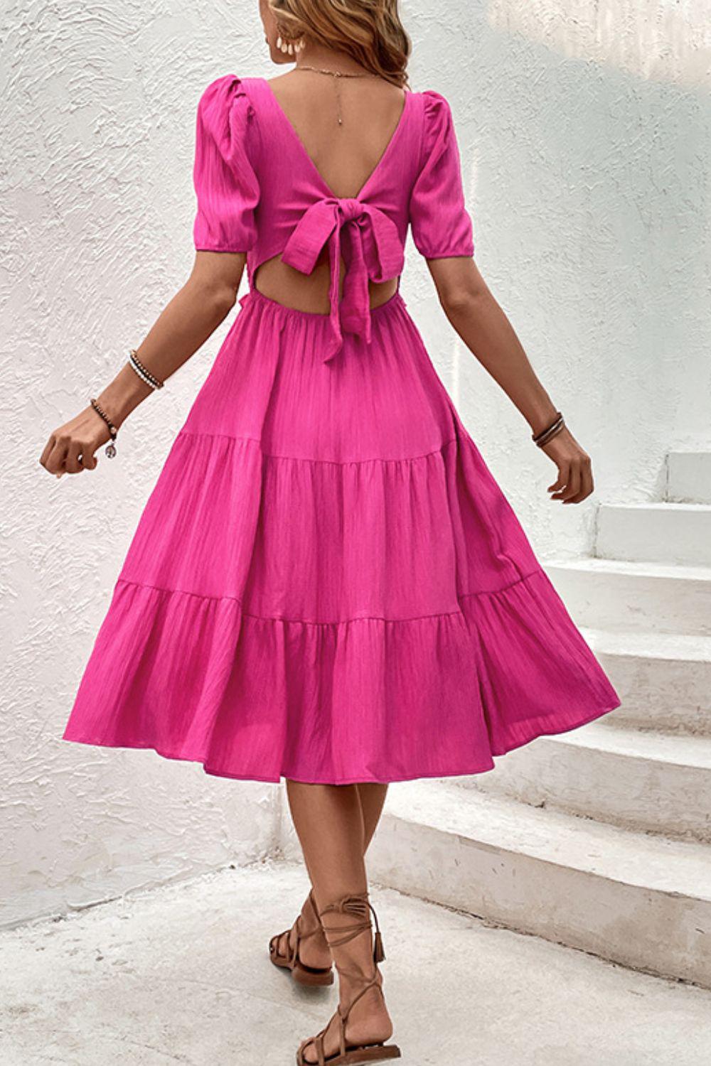 Square Neck Puff Sleeve Cutout Dress BLUE ZONE PLANET