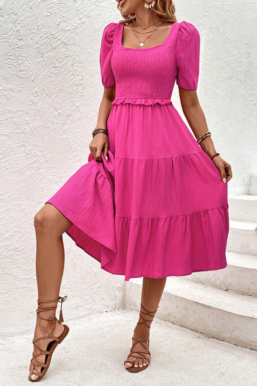 Square Neck Puff Sleeve Cutout Dress BLUE ZONE PLANET
