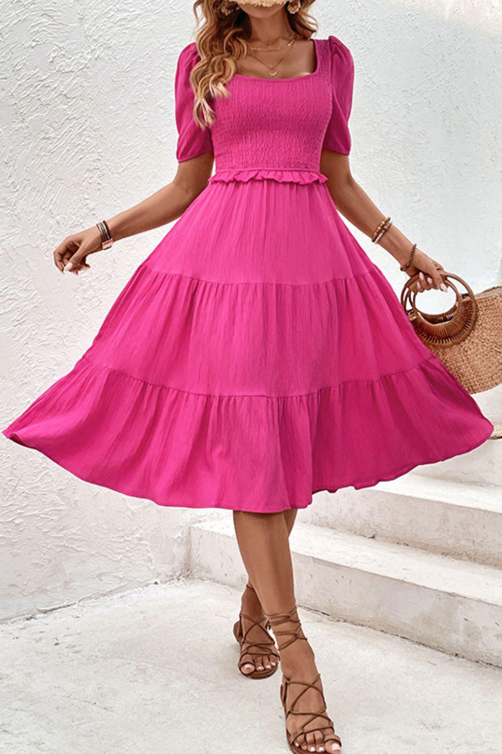 Square Neck Puff Sleeve Cutout Dress BLUE ZONE PLANET