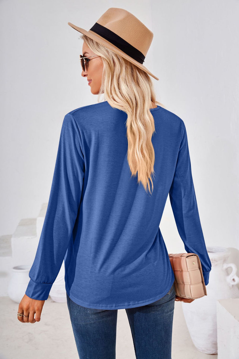Square Neck Ruched Long Sleeve Blouse BLUE ZONE PLANET