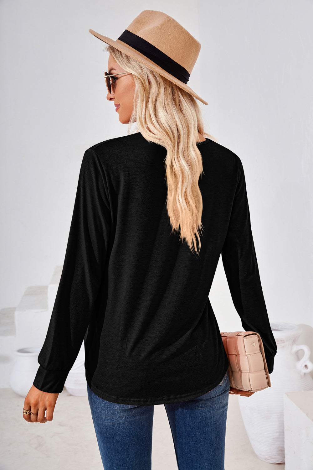 Square Neck Ruched Long Sleeve Blouse BLUE ZONE PLANET