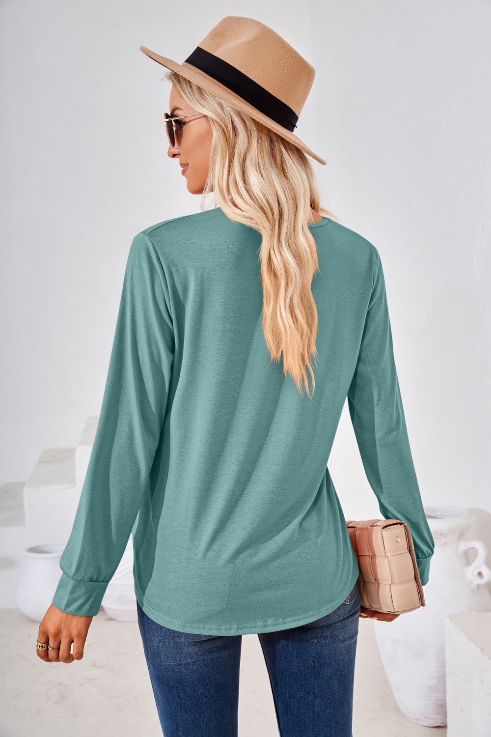 Square Neck Ruched Long Sleeve Blouse BLUE ZONE PLANET