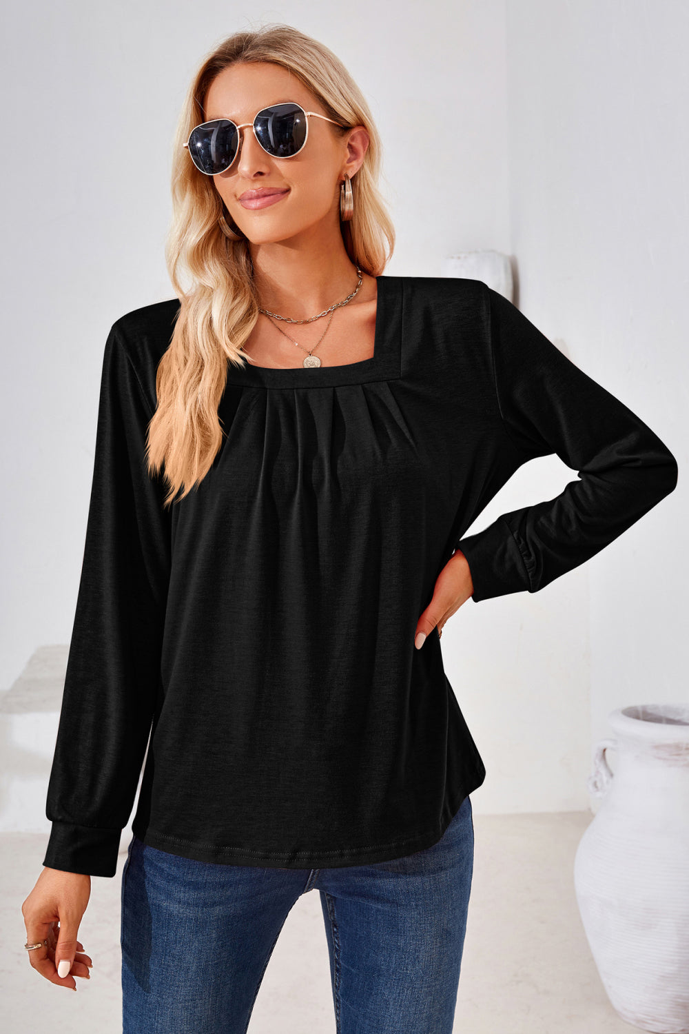 Square Neck Ruched Long Sleeve Blouse BLUE ZONE PLANET