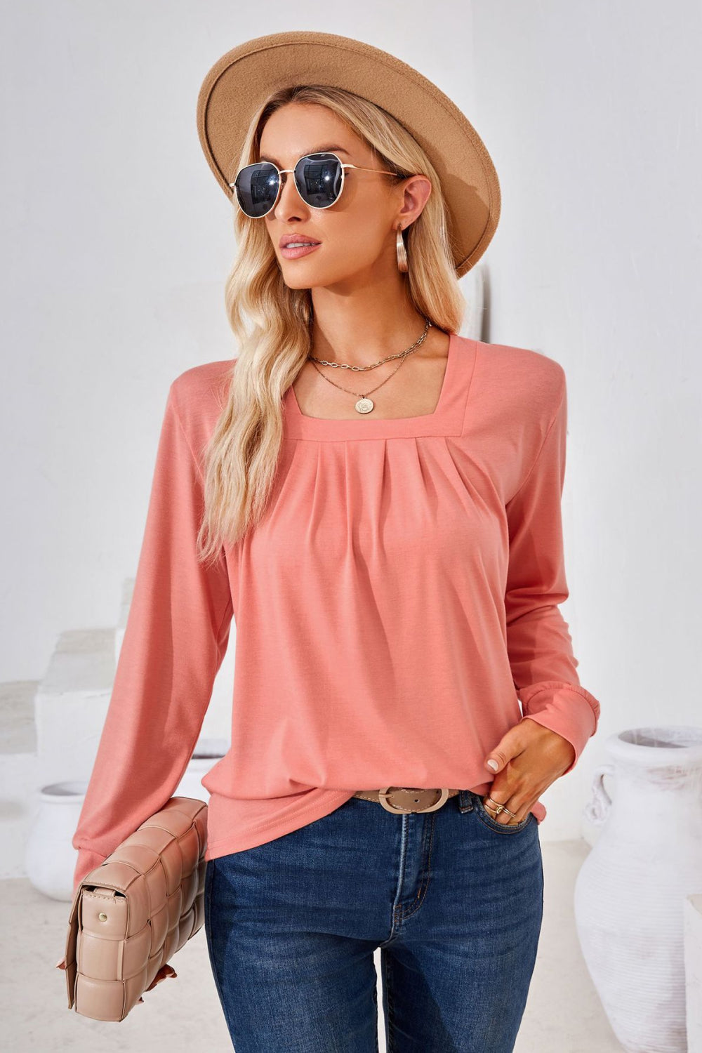 Square Neck Ruched Long Sleeve Blouse BLUE ZONE PLANET