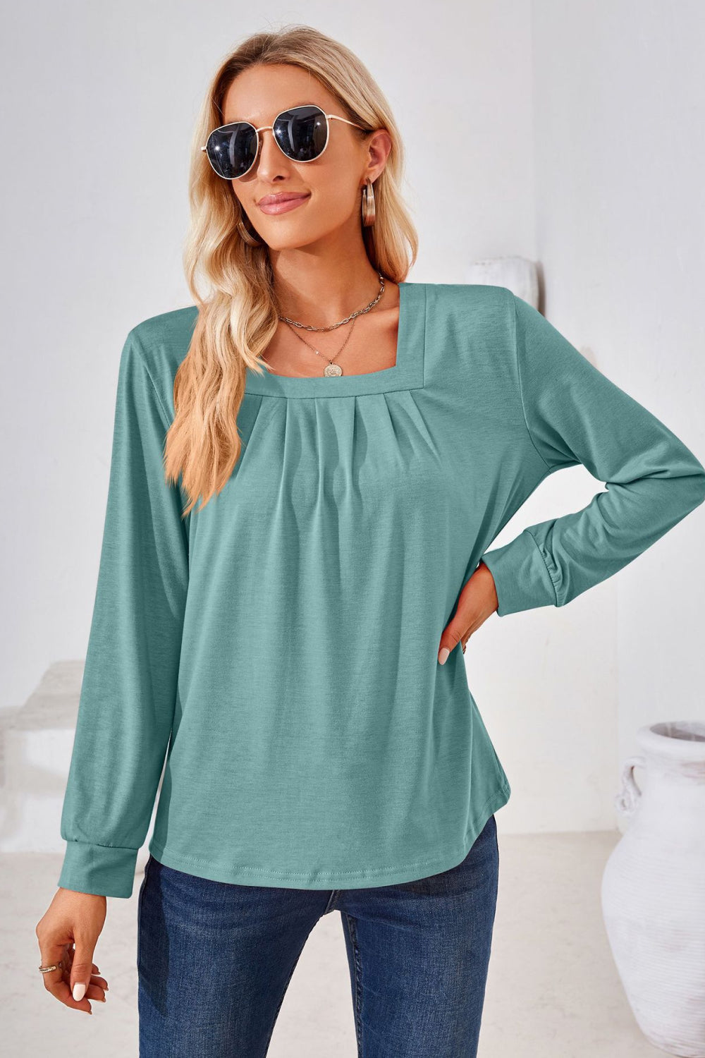 Square Neck Ruched Long Sleeve Blouse BLUE ZONE PLANET