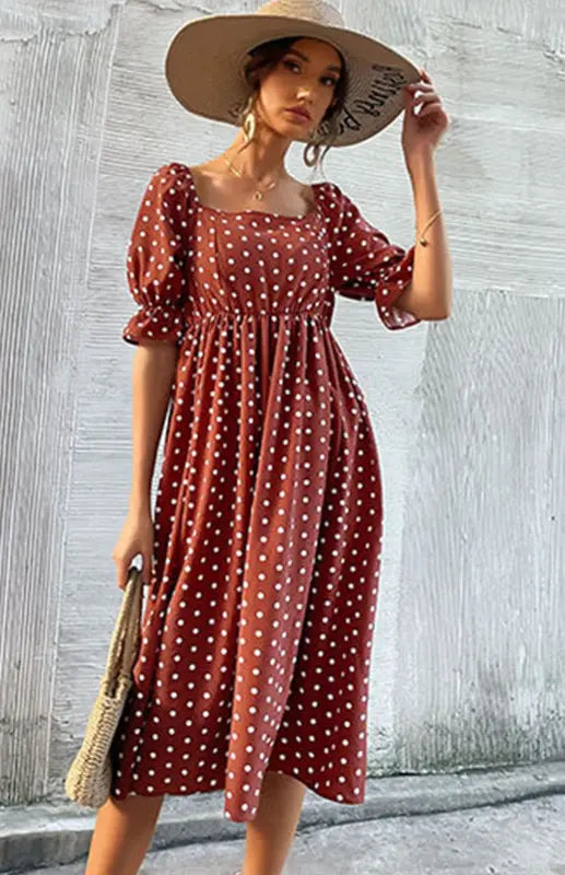Square Neck Vintage Ruffle High Waist Polka Dot Dress BLUE ZONE PLANET