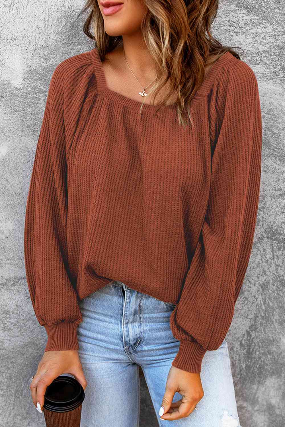 Square Neck Waffle-Knit Top BLUE ZONE PLANET