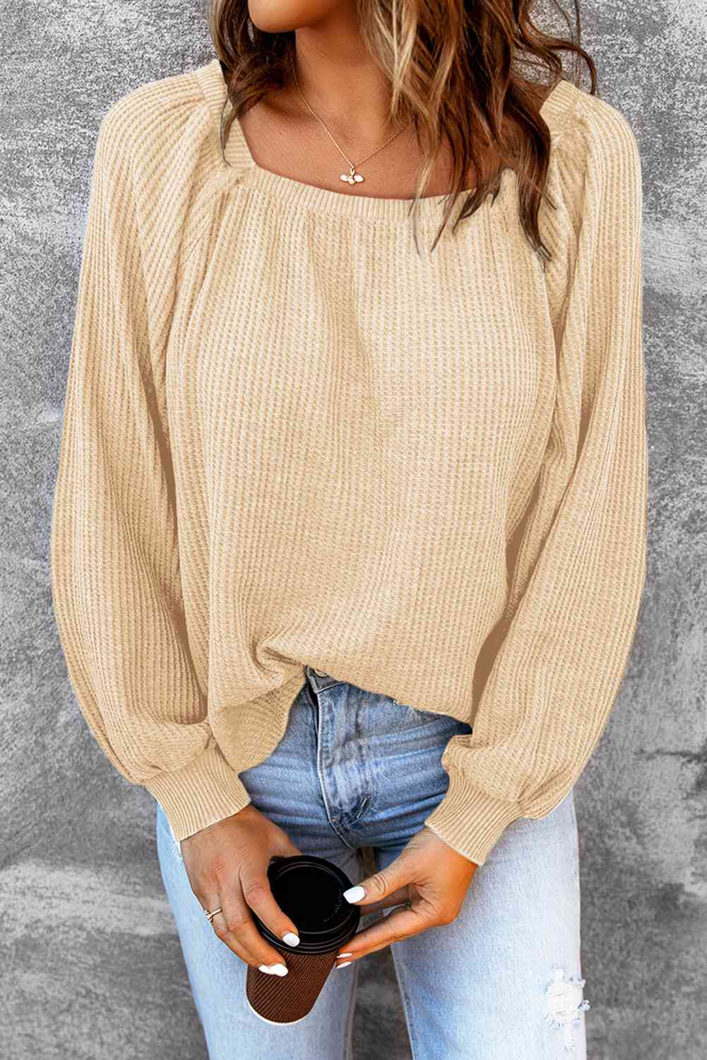 Square Neck Waffle-Knit Top BLUE ZONE PLANET