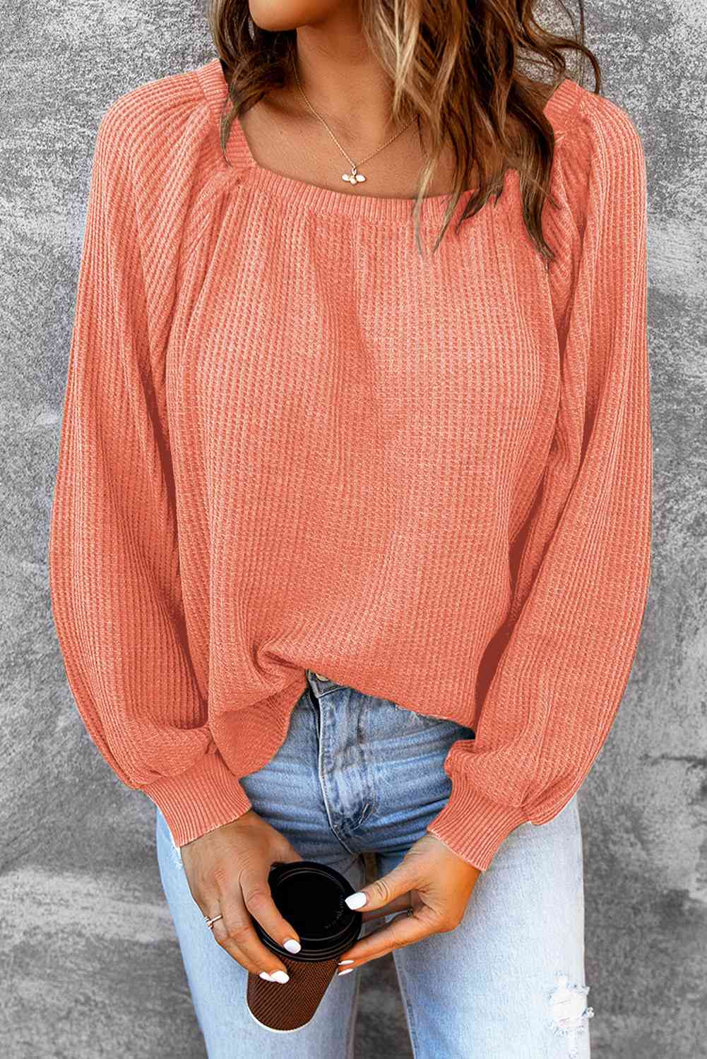 Square Neck Waffle-Knit Top BLUE ZONE PLANET