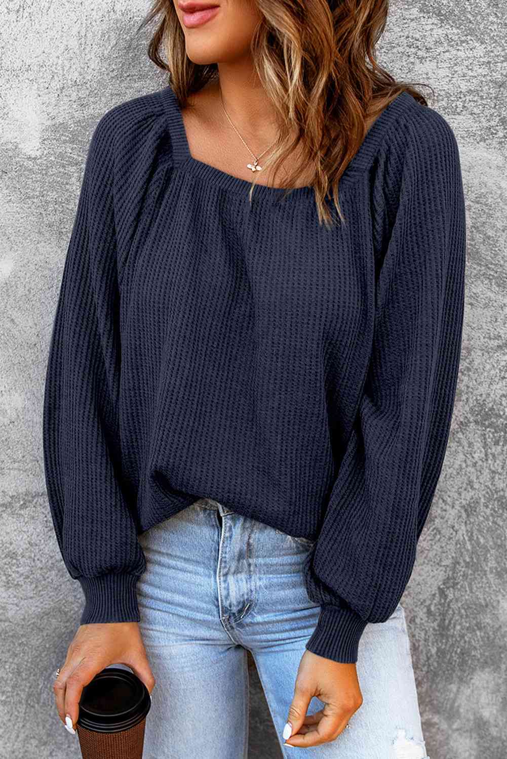 Square Neck Waffle-Knit Top BLUE ZONE PLANET