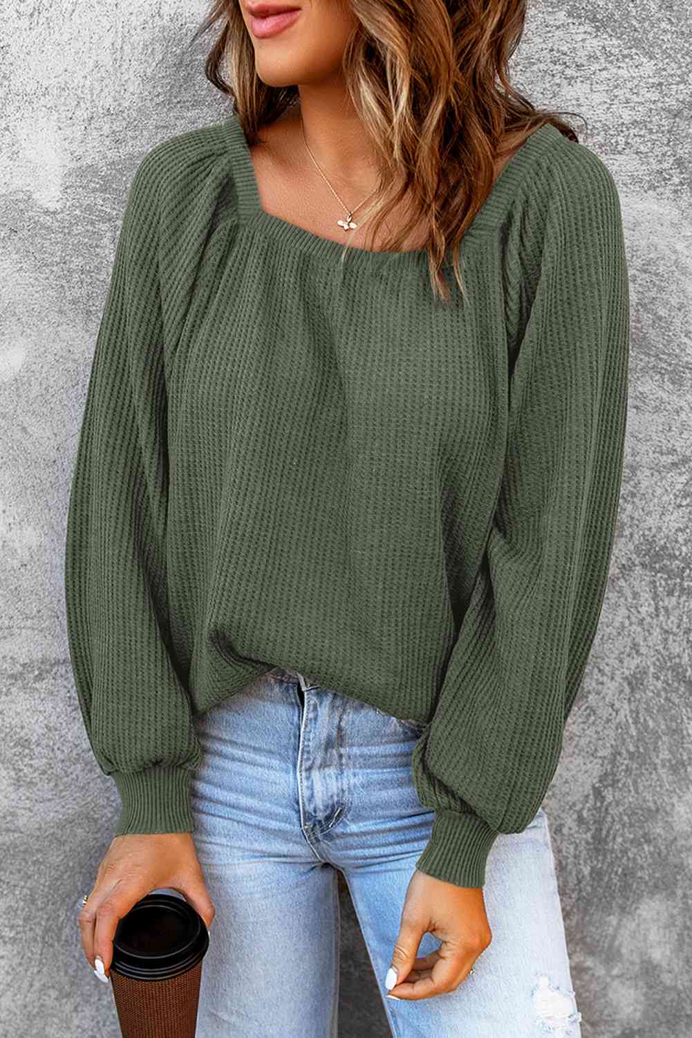 Square Neck Waffle-Knit Top BLUE ZONE PLANET