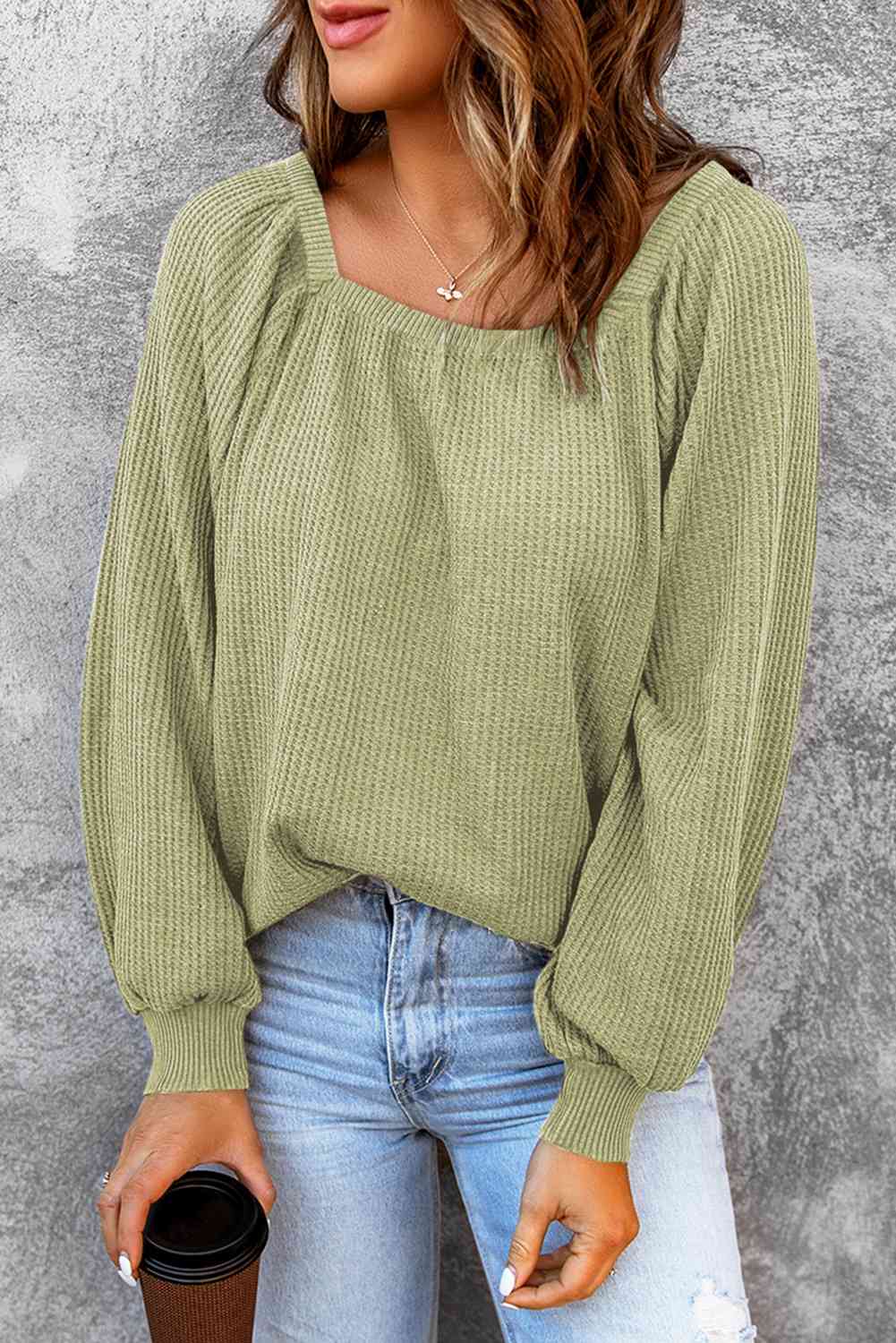 Square Neck Waffle-Knit Top BLUE ZONE PLANET
