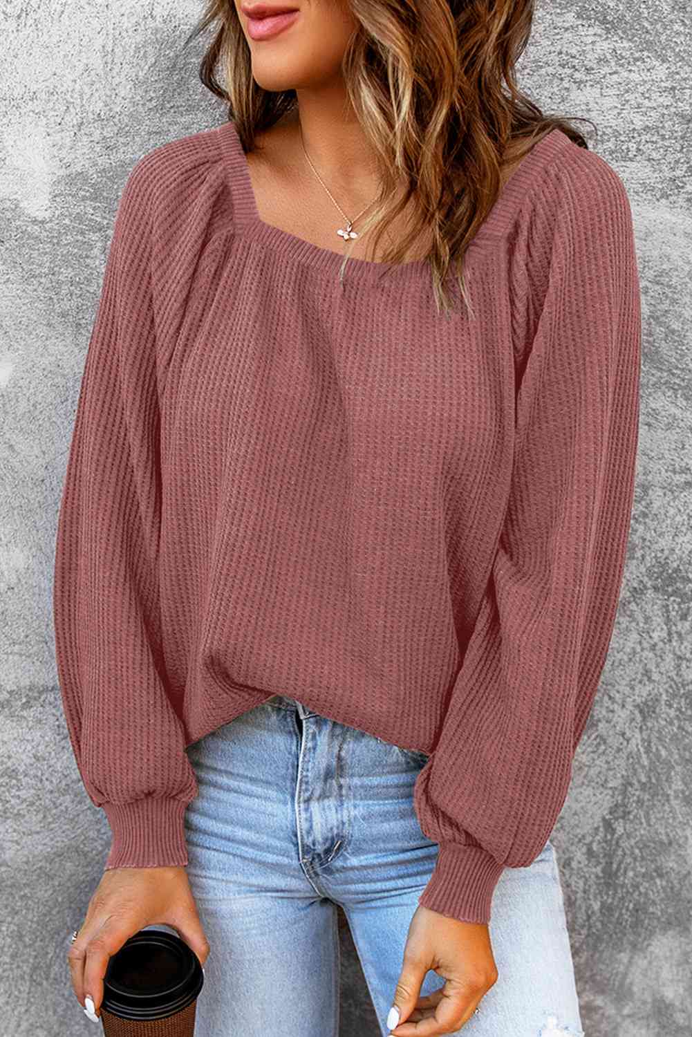 Square Neck Waffle-Knit Top BLUE ZONE PLANET