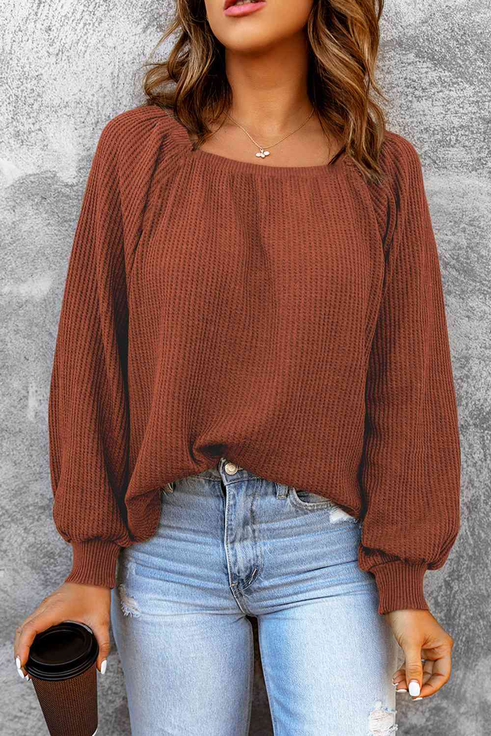 Square Neck Waffle-Knit Top BLUE ZONE PLANET