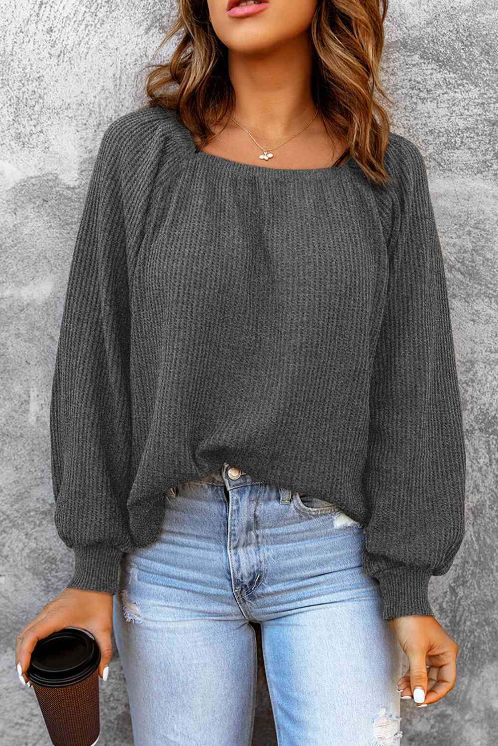 Square Neck Waffle-Knit Top BLUE ZONE PLANET