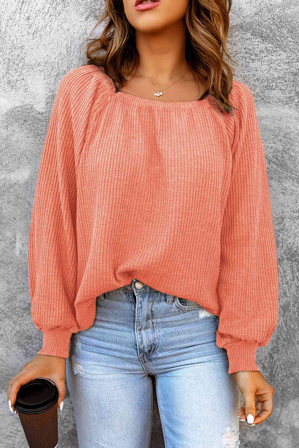 Square Neck Waffle-Knit Top BLUE ZONE PLANET