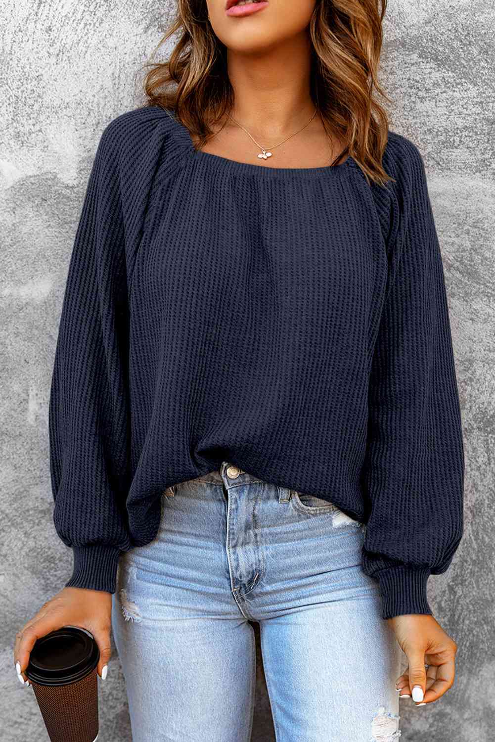 Square Neck Waffle-Knit Top BLUE ZONE PLANET
