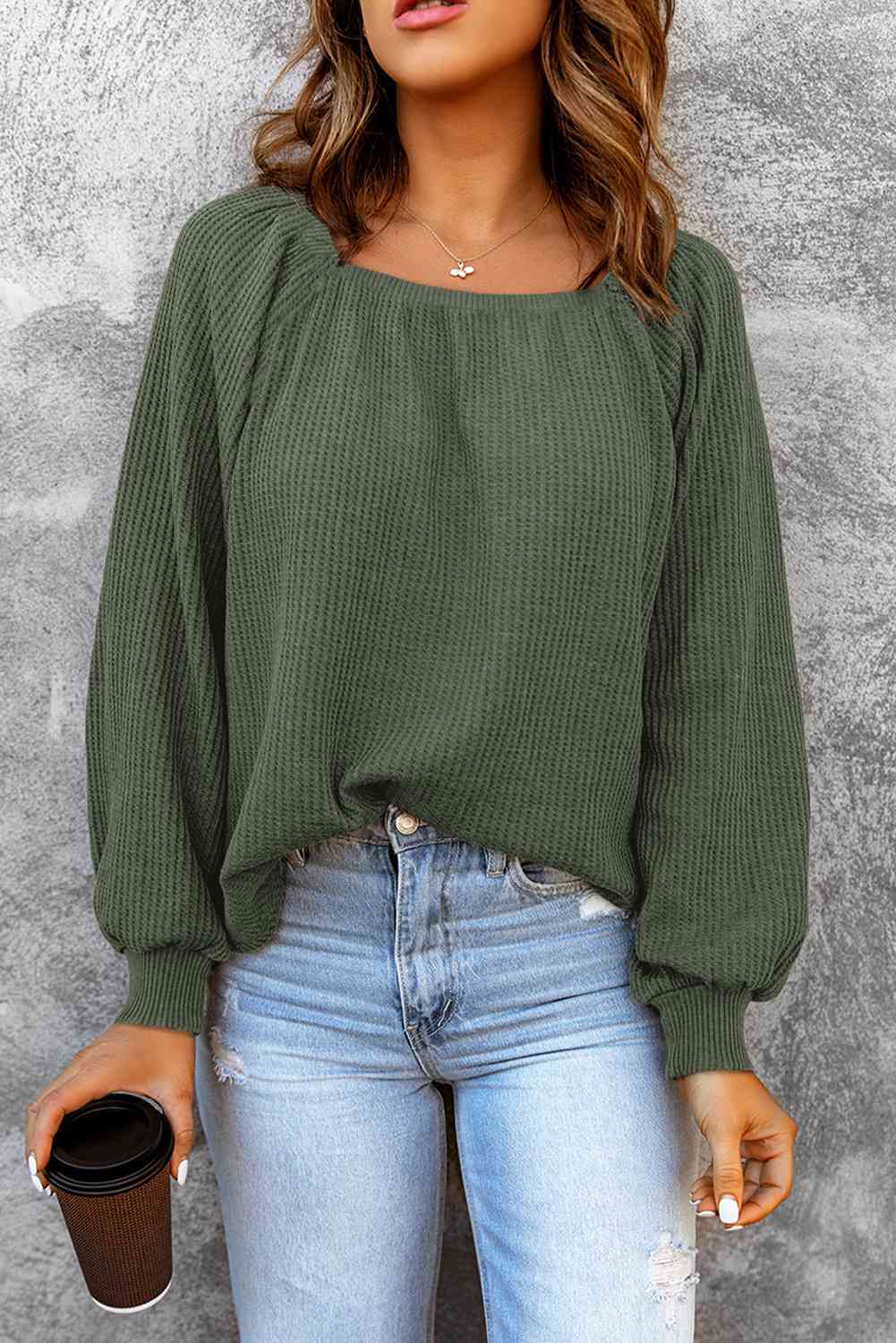Square Neck Waffle-Knit Top BLUE ZONE PLANET