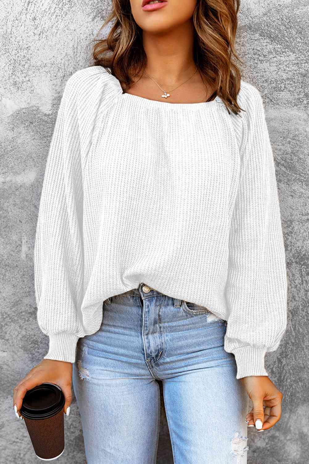 Square Neck Waffle-Knit Top BLUE ZONE PLANET