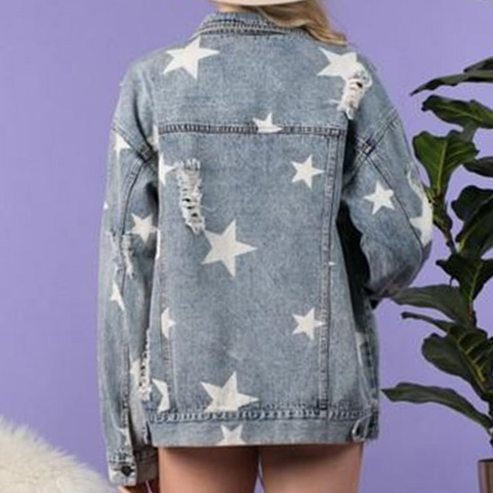 Star Distressed Denim Shacket BLUE ZONE PLANET