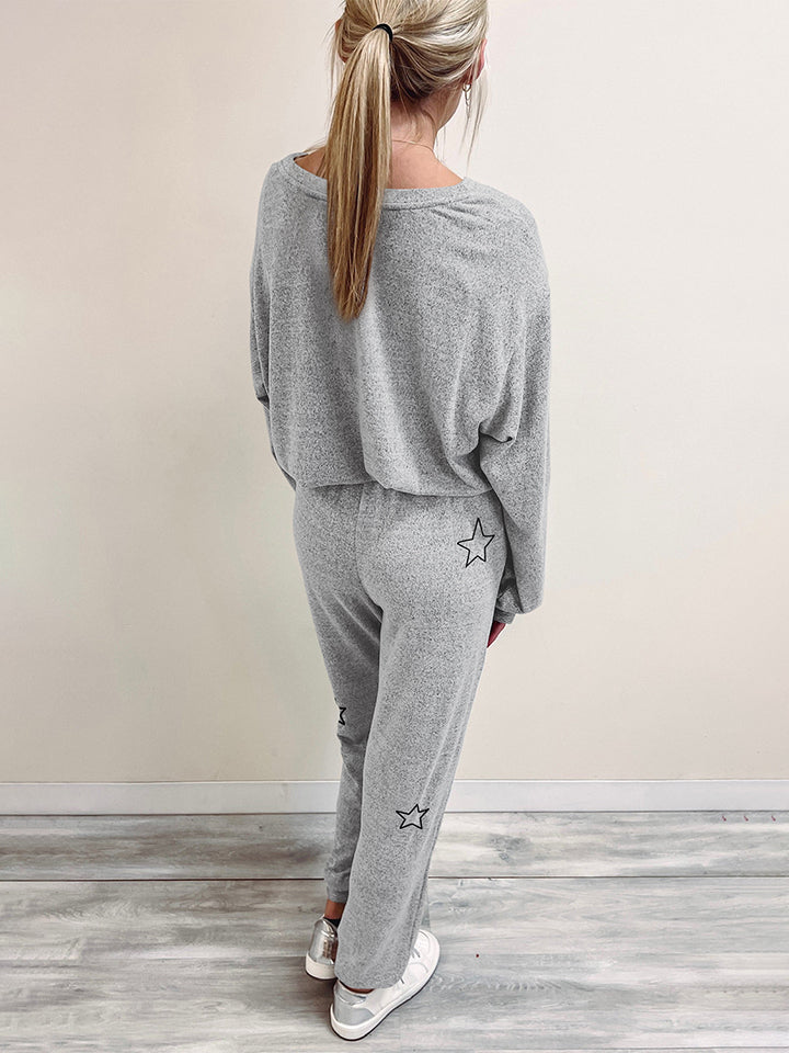 Star Print Long Sleeve Top and Pants Lounge Set BLUE ZONE PLANET