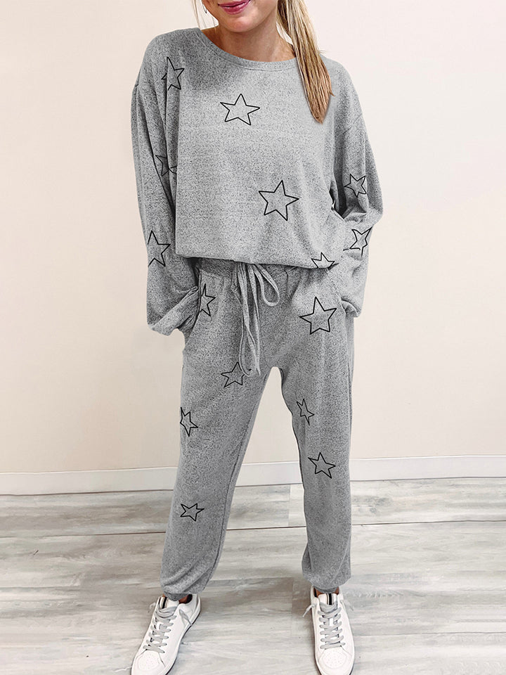 Star Print Long Sleeve Top and Pants Lounge Set BLUE ZONE PLANET