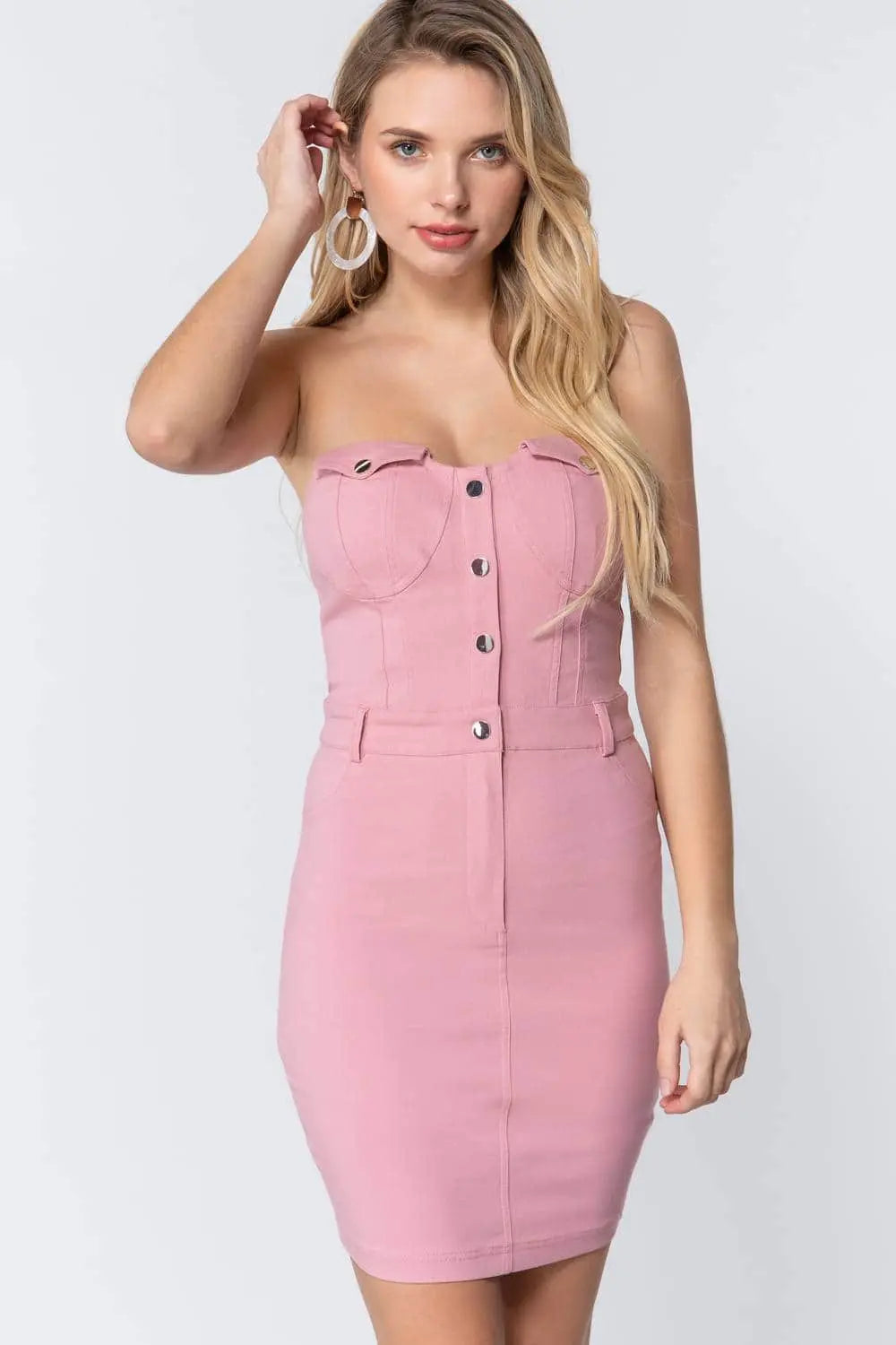 Strapless Button Down Mini Dress Blue Zone Planet