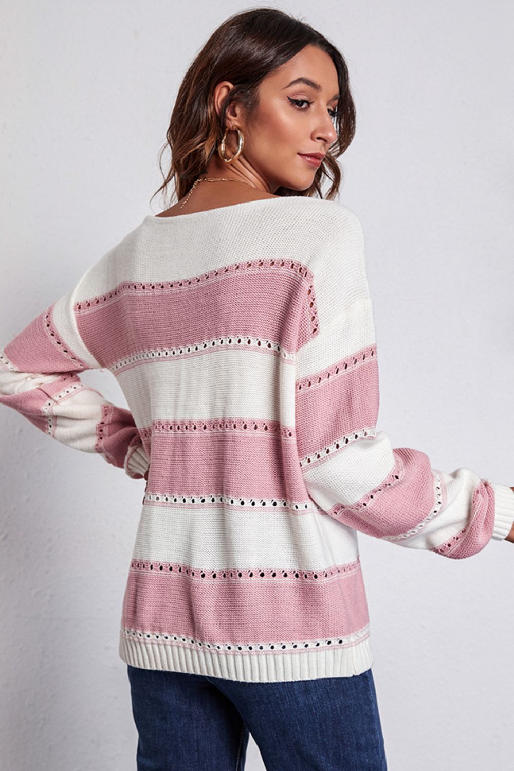 Striped Boat Neck Dropped Shoulder Sweater BLUE ZONE PLANET