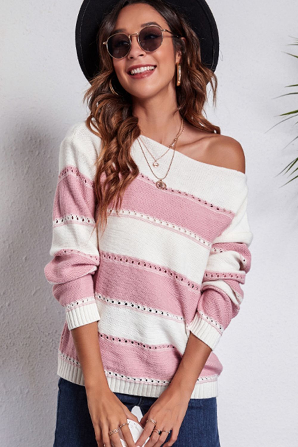Striped Boat Neck Dropped Shoulder Sweater BLUE ZONE PLANET