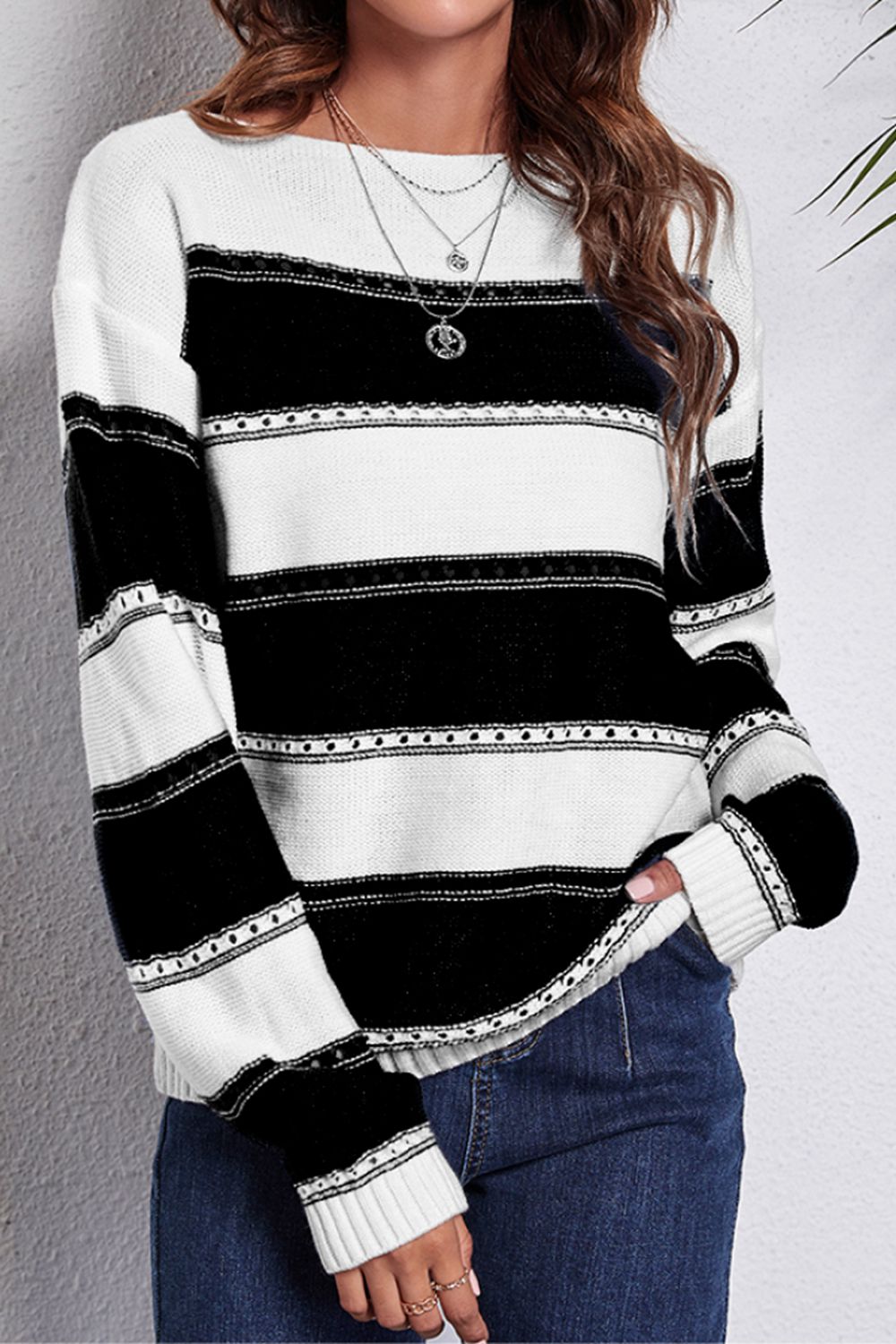Striped Boat Neck Dropped Shoulder Sweater BLUE ZONE PLANET