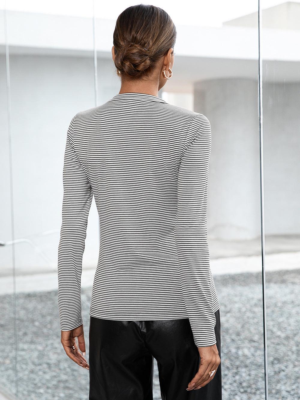 Striped Buttoned V-Neck Long Sleeve Top BLUE ZONE PLANET
