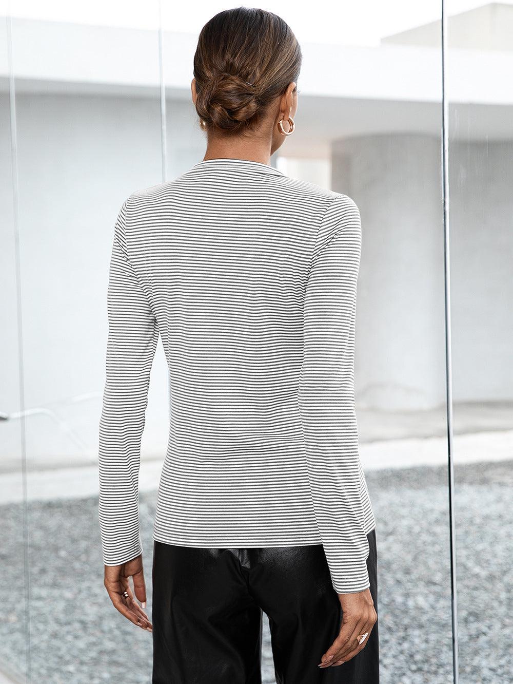 Striped Buttoned V-Neck Long Sleeve Top BLUE ZONE PLANET