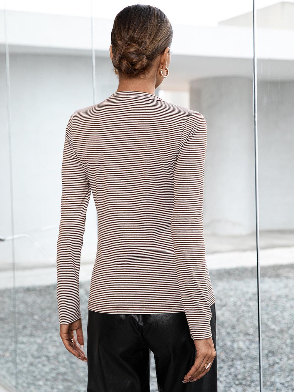 Striped Buttoned V-Neck Long Sleeve Top BLUE ZONE PLANET