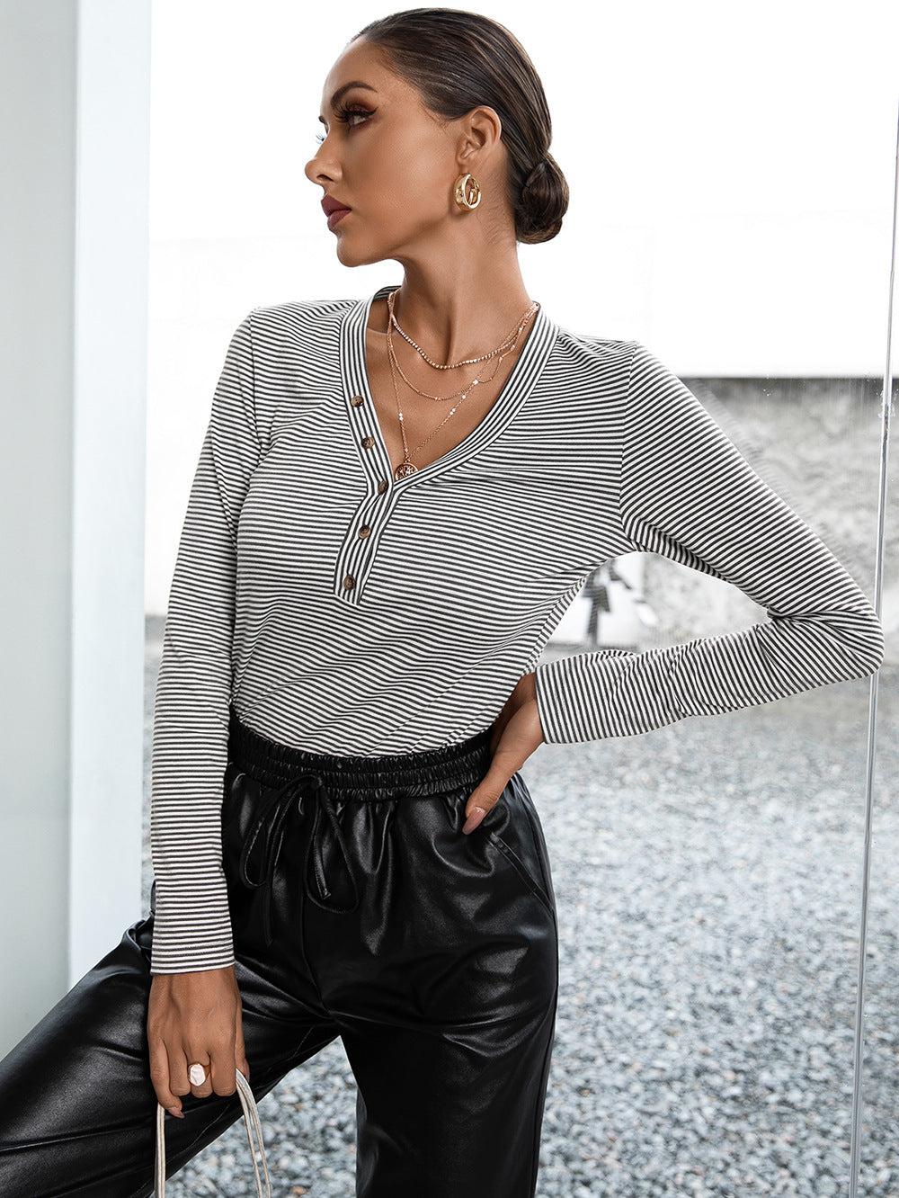 Striped Buttoned V-Neck Long Sleeve Top BLUE ZONE PLANET