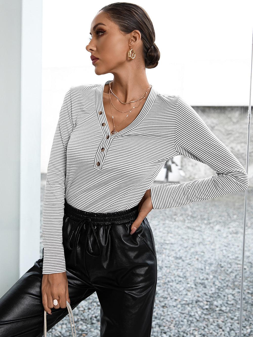 Striped Buttoned V-Neck Long Sleeve Top BLUE ZONE PLANET