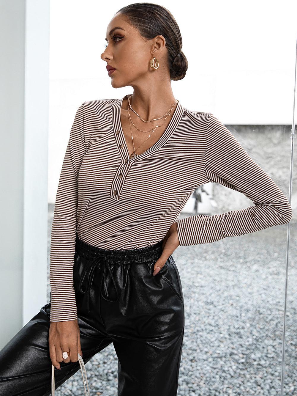 Striped Buttoned V-Neck Long Sleeve Top BLUE ZONE PLANET