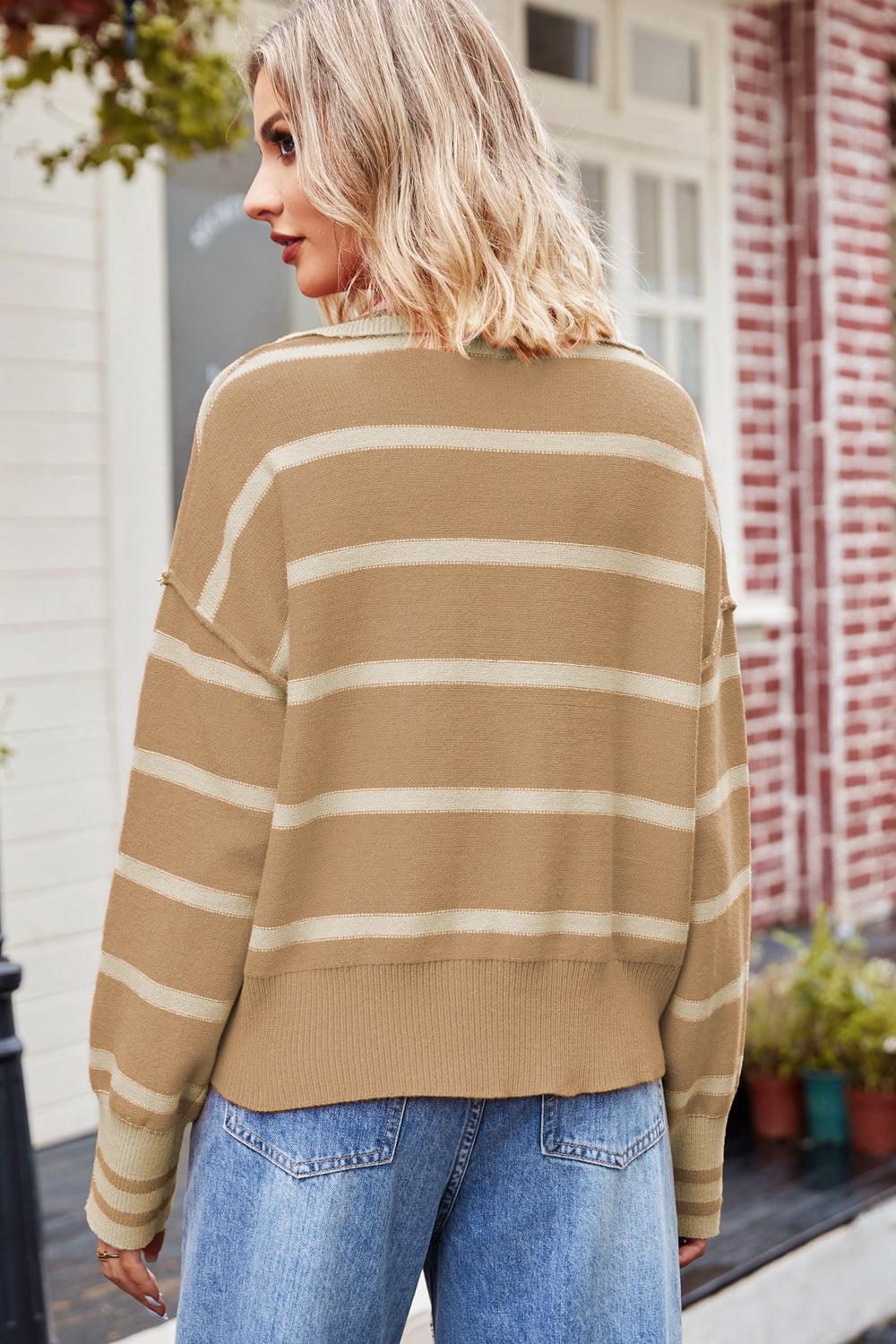 Striped Dropped Shoulder Notched Neck Knit Top BLUE ZONE PLANET