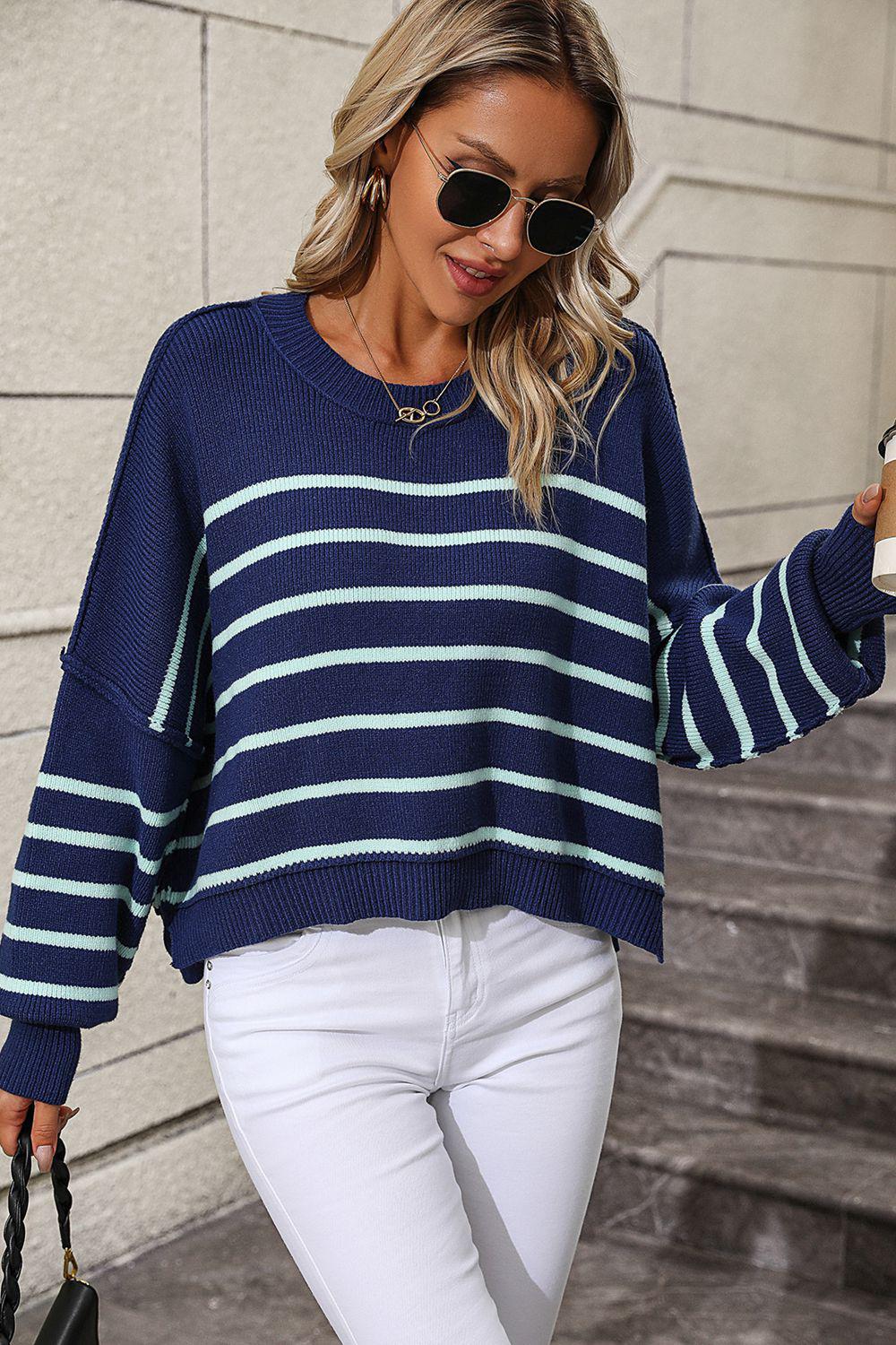 Striped Dropped Shoulder Round Neck Pullover Sweater BLUE ZONE PLANET